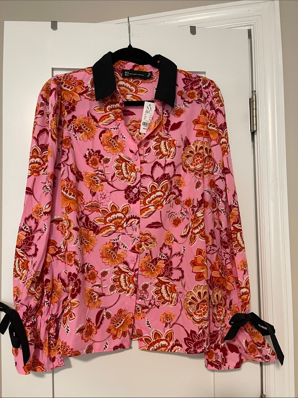 New York & Company Pink Floral Button-Down Blouse with Black Collar